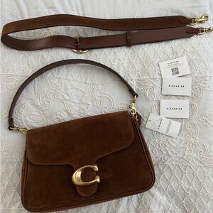 Coach Tan Suede Shoulder Bag with Gold Accents